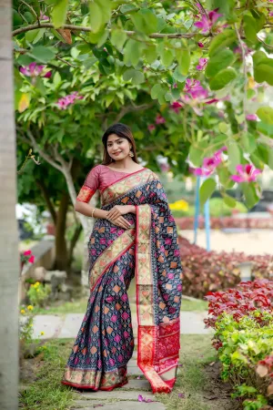 Navy Blue Soft Banarasi Patola Silk Saree