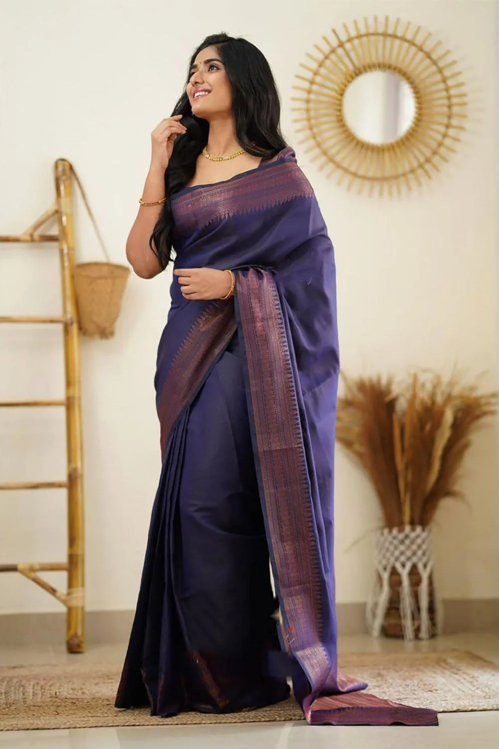 Navy Blue Soft Silk Saree With Zari Weaving Work
