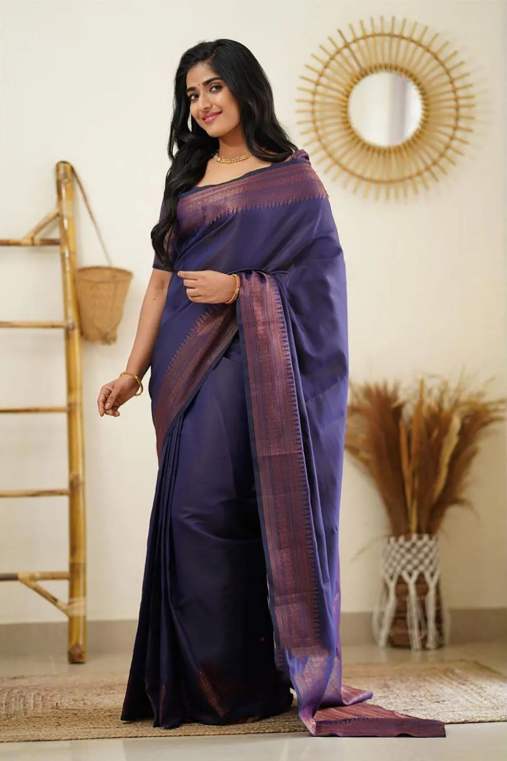 Navy Blue Soft Silk Saree With Zari Weaving Work
