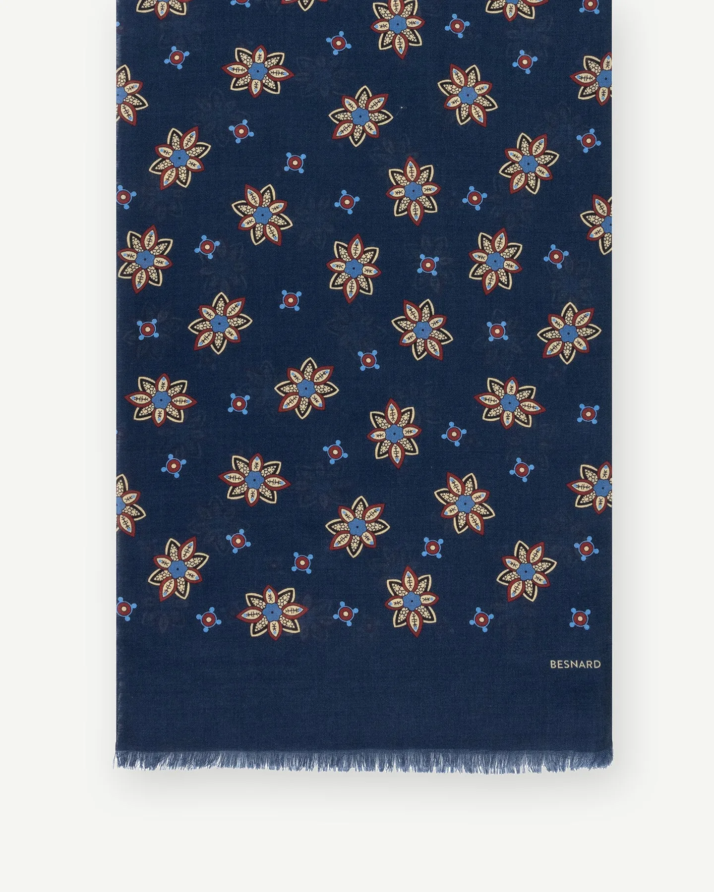 Navy Floral Print Wool Silk Scarf