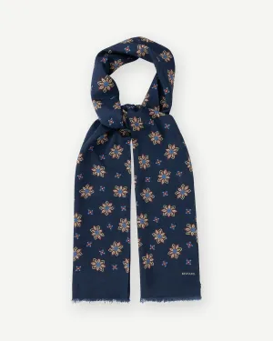 Navy Floral Print Wool Silk Scarf
