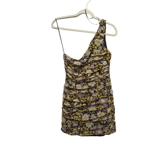 New! Zara One Shoulder Metallic Floral Ruched Mini Dress, S