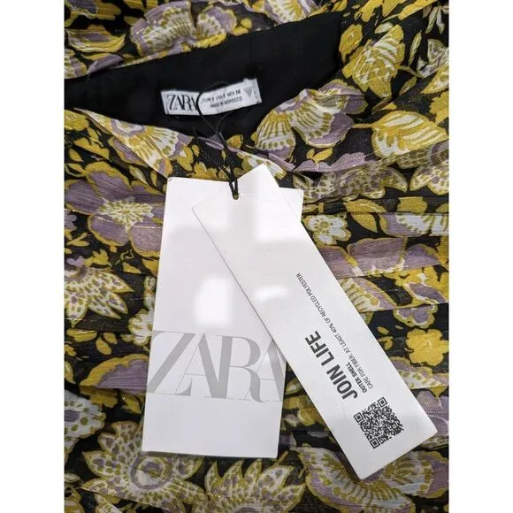New! Zara One Shoulder Metallic Floral Ruched Mini Dress, S