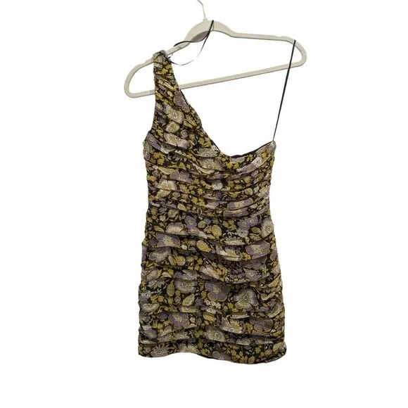 New! Zara One Shoulder Metallic Floral Ruched Mini Dress, S