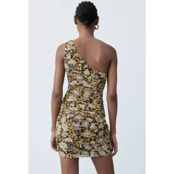 New! Zara One Shoulder Metallic Floral Ruched Mini Dress, S