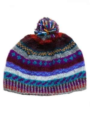 New Zealand Wool Beanie Hat With Pom Pom Mulberry Multi Colours Striped Pattern