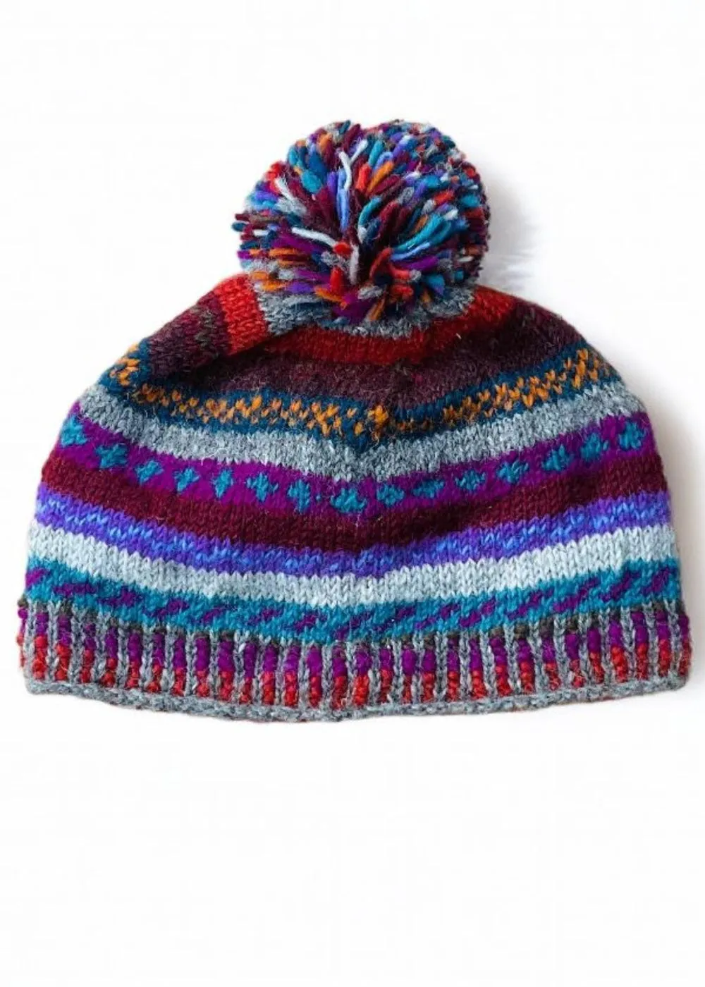 New Zealand Wool Beanie Hat With Pom Pom Mulberry Multi Colours Striped Pattern