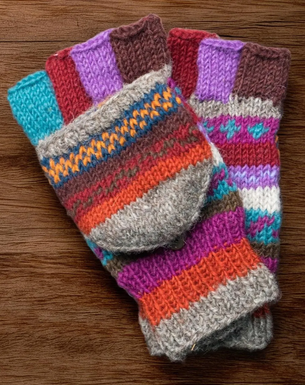 New Zealand Wool Hunter Gloves Mulberry Multi Colours Striped Pattern