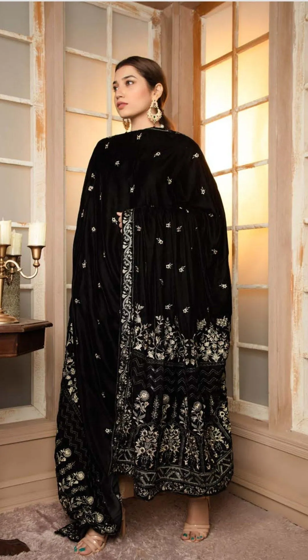 Noire /Luxury Embroidered Velvet Shawl by Adans Libaas
