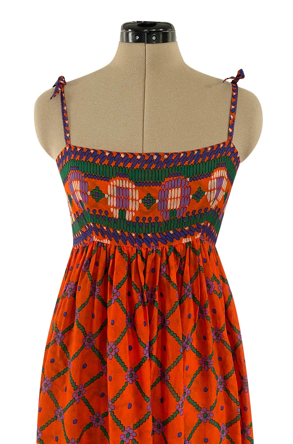 Numbered 1970s Lanvin Couture Fine & Light Silk Crepe Chiffon Printed Orange Sun Dress