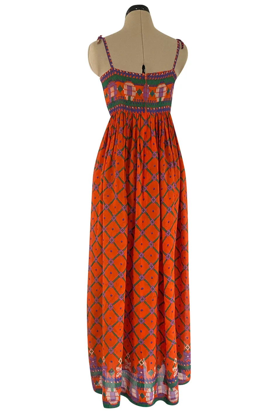 Numbered 1970s Lanvin Couture Fine & Light Silk Crepe Chiffon Printed Orange Sun Dress