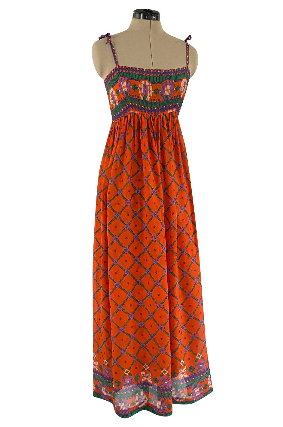 Numbered 1970s Lanvin Couture Fine & Light Silk Crepe Chiffon Printed Orange Sun Dress