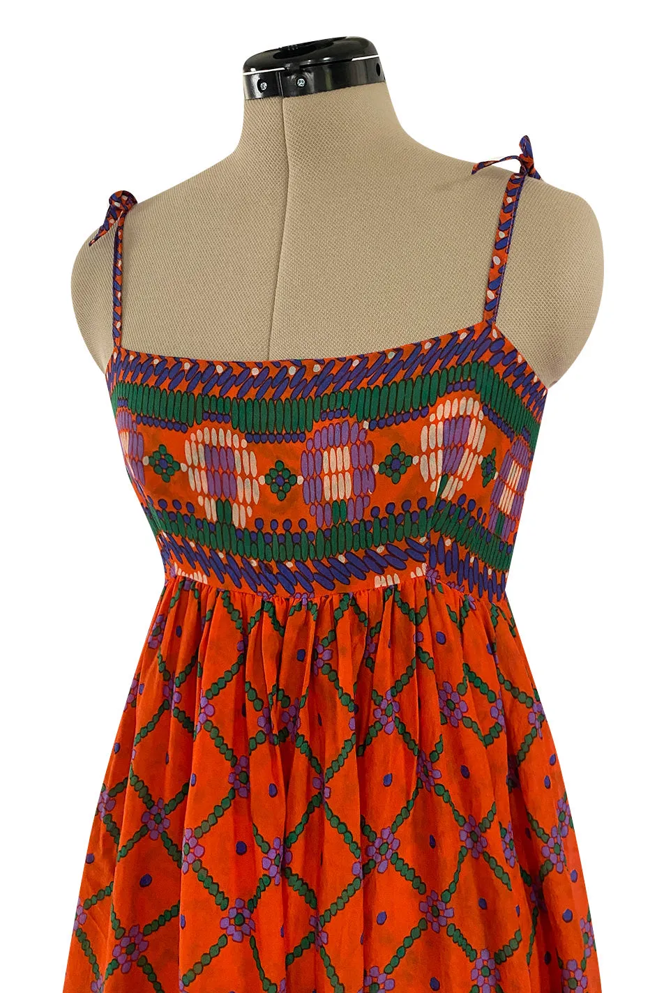 Numbered 1970s Lanvin Couture Fine & Light Silk Crepe Chiffon Printed Orange Sun Dress