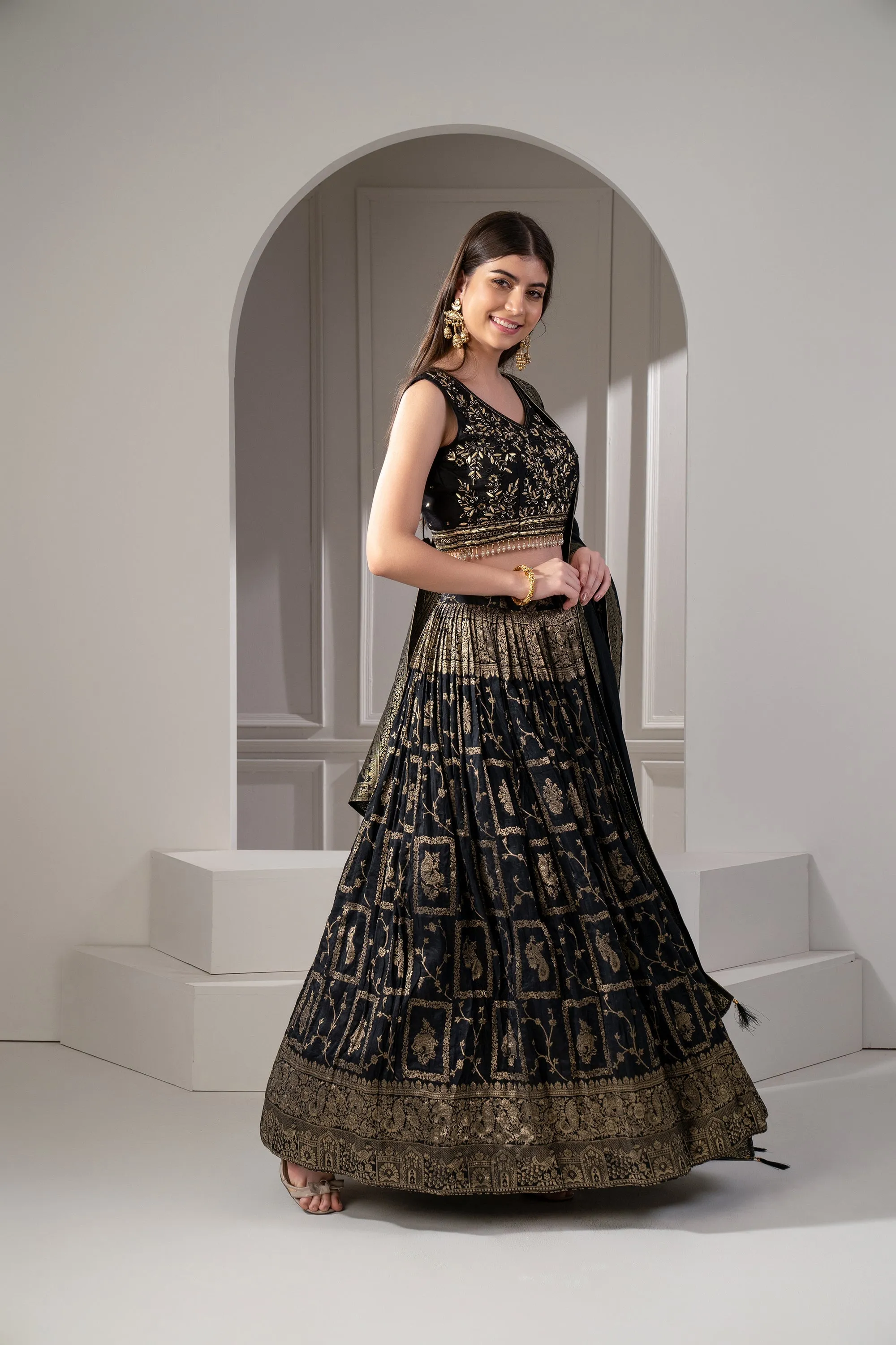 Onyx Black Semi Silk Printed Lehenga Set.