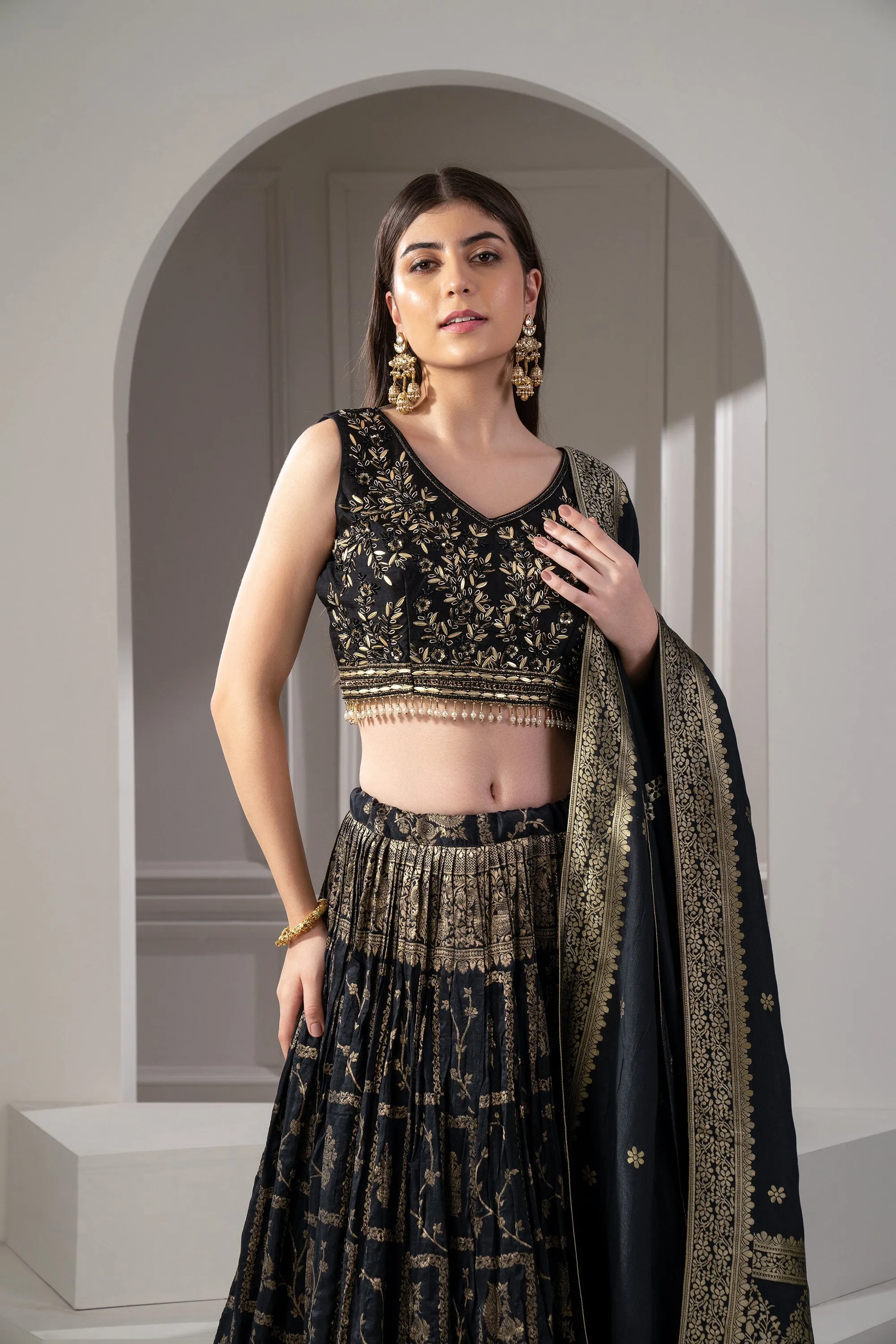 Onyx Black Semi Silk Printed Lehenga Set.