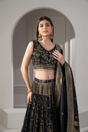 Onyx Black Semi Silk Printed Lehenga Set.