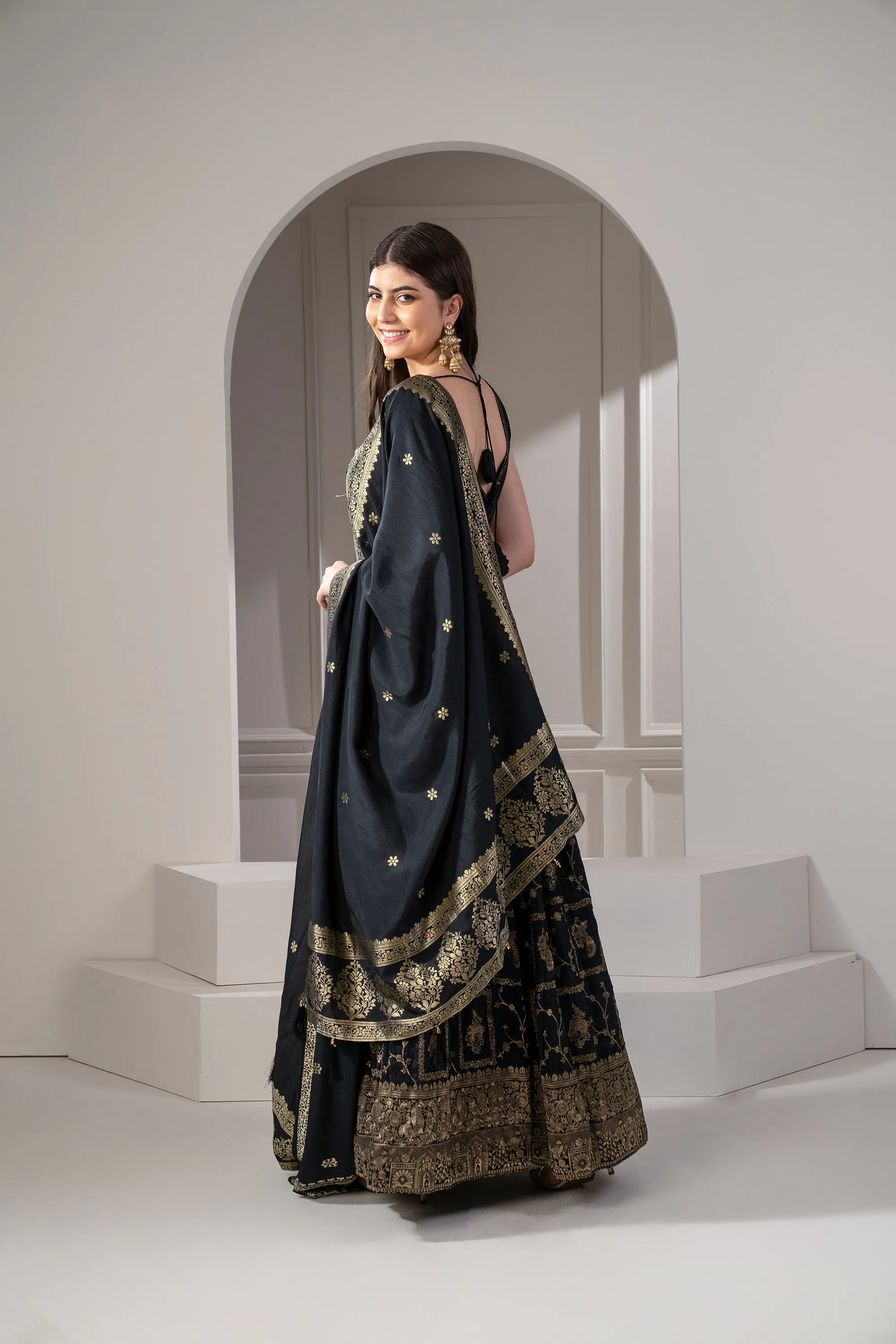 Onyx Black Semi Silk Printed Lehenga Set.