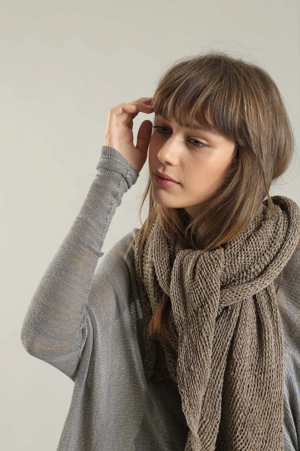 Open knit Cotton & Bamboo Prevo Scarf - Dark Taupe- Camel