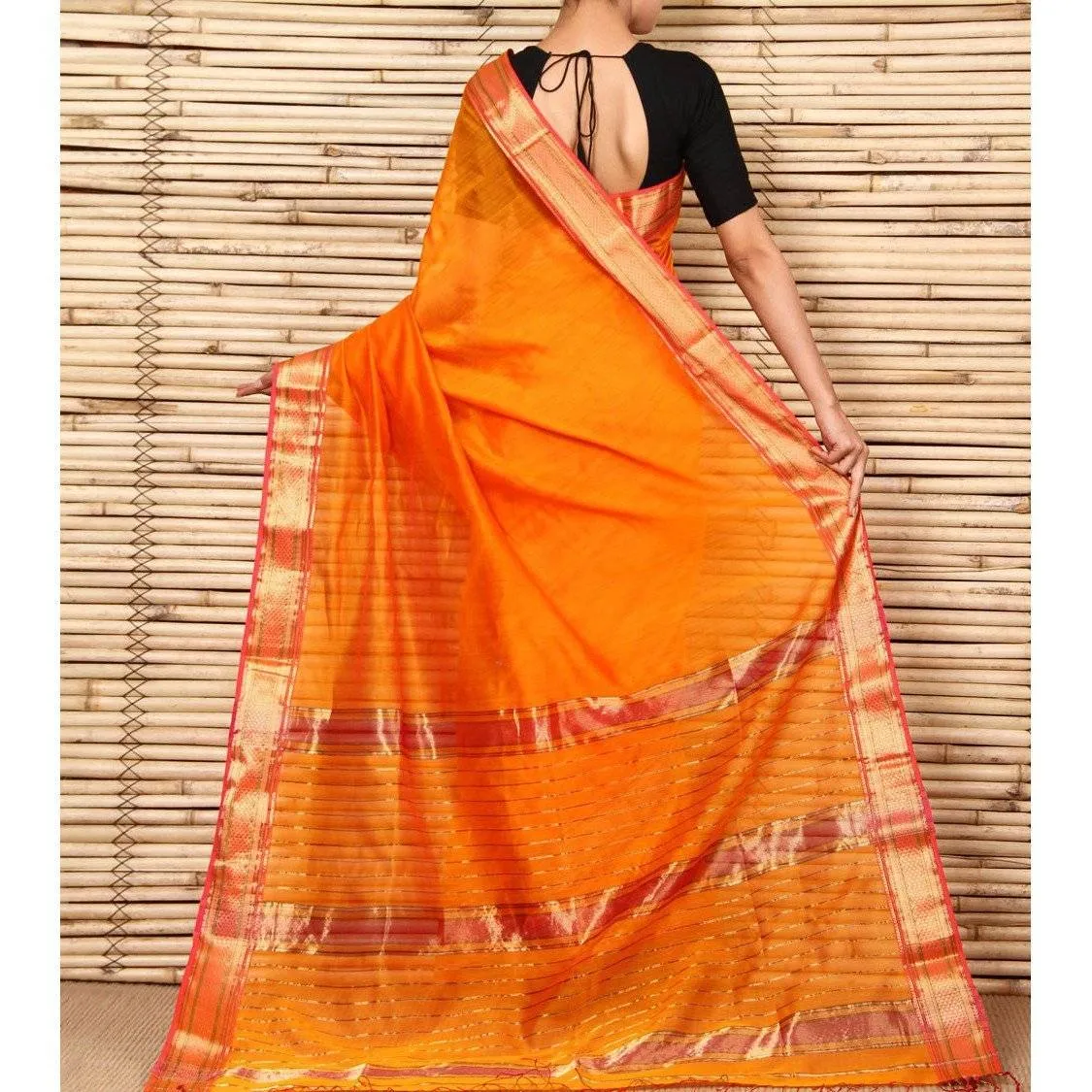 Orange & Pink Cotton Silk Maheshwari Saree