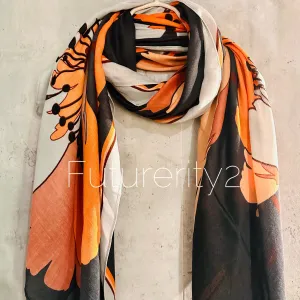 Orange Black Organic Cotton Scarf with Huge Sketched Peony Flower – An Eco-Friendly Gift for Mom, Ideal for Birthday and Christmas Celebrations