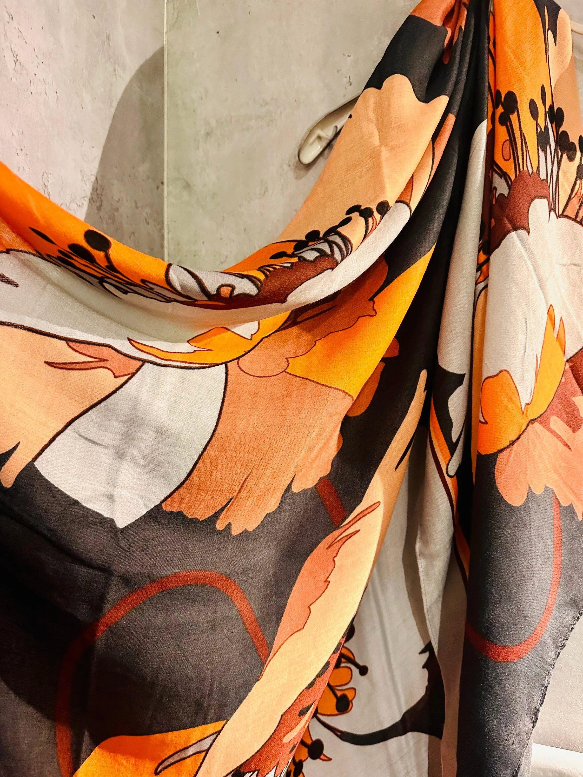 Orange Black Organic Cotton Scarf with Huge Sketched Peony Flower – An Eco-Friendly Gift for Mom, Ideal for Birthday and Christmas Celebrations