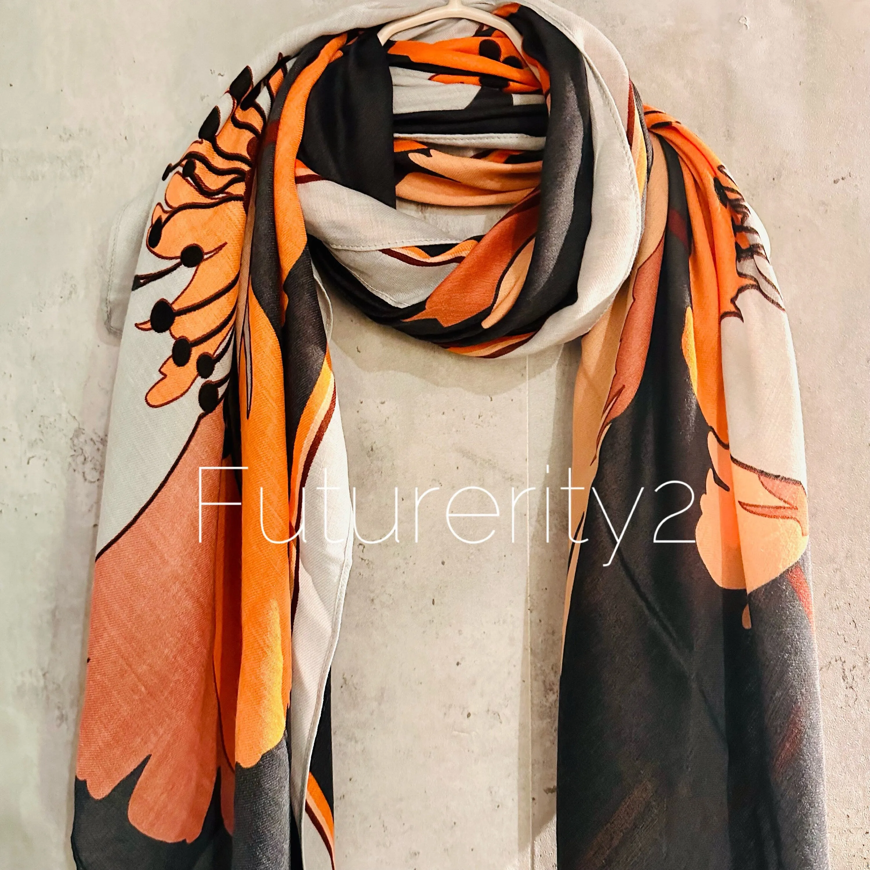 Orange Black Organic Cotton Scarf with Huge Sketched Peony Flower – An Eco-Friendly Gift for Mom, Ideal for Birthday and Christmas Celebrations