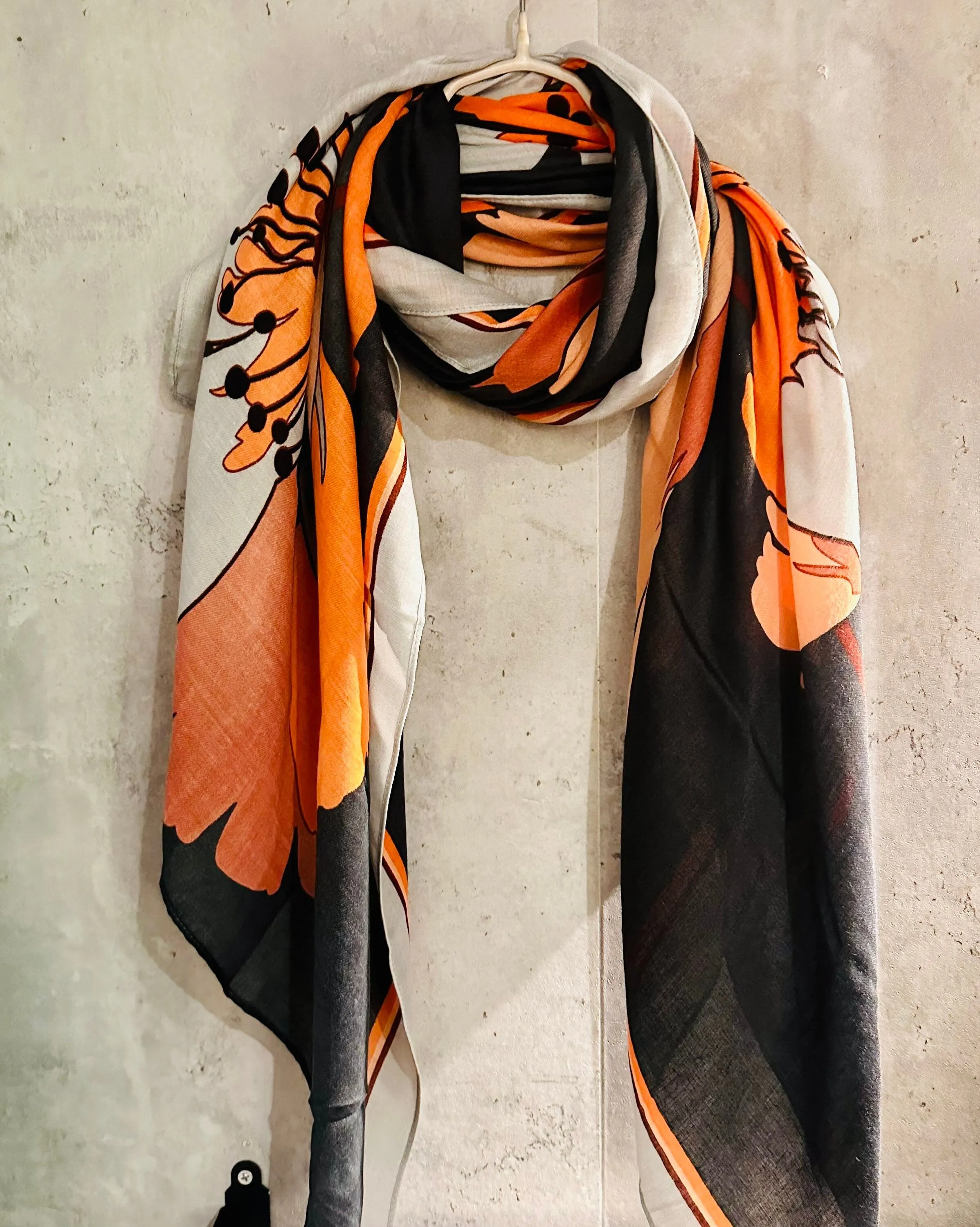 Orange Black Organic Cotton Scarf with Huge Sketched Peony Flower – An Eco-Friendly Gift for Mom, Ideal for Birthday and Christmas Celebrations