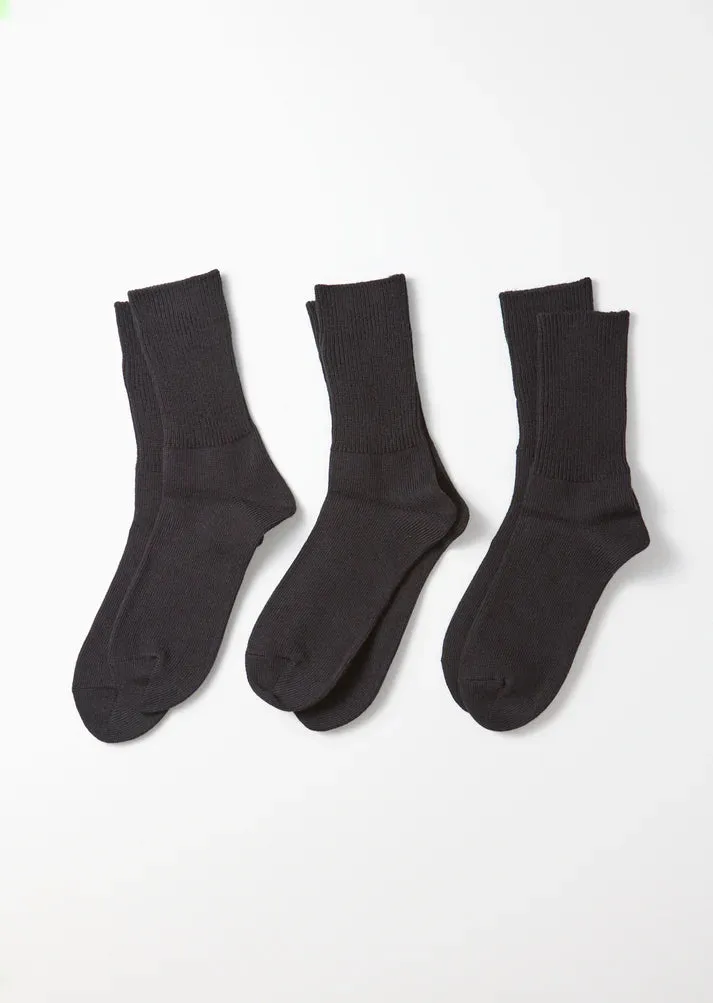 Organic Daily 3-Pack Ribbed Crew Socks - Black