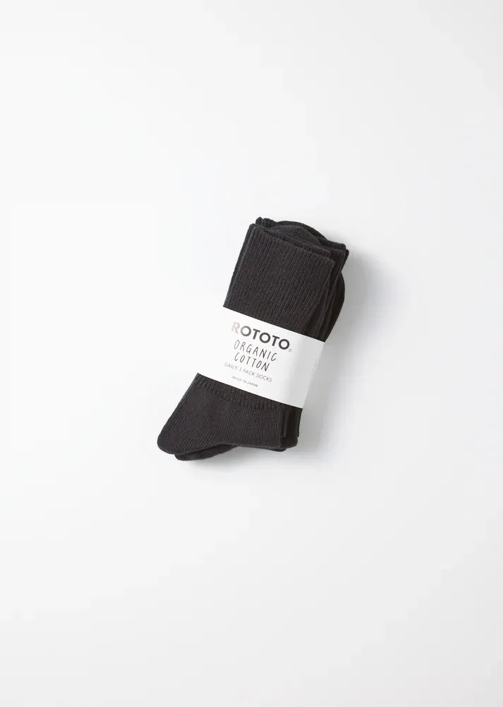 Organic Daily 3-Pack Ribbed Crew Socks - Black