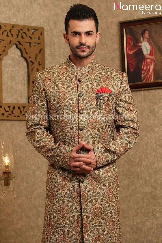 Pakistani Printed Silk Sherwani for Men's Online #GR93