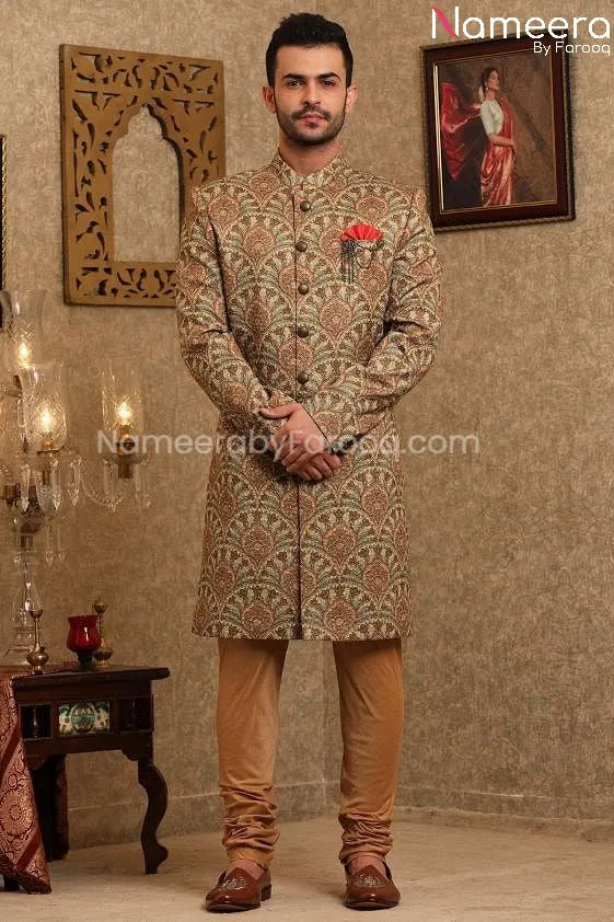 Pakistani Printed Silk Sherwani for Men's Online #GR93