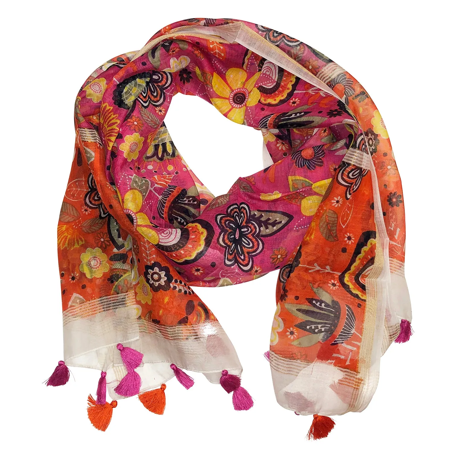 Pari Floral Cotton Scarf - Orange Pink