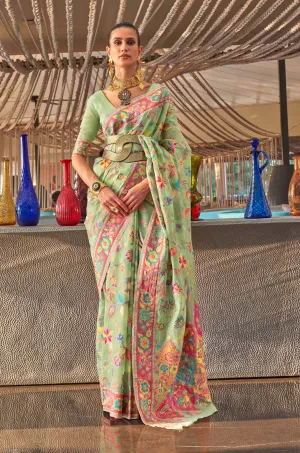 Pastel Green Floral Woven Silk Saree