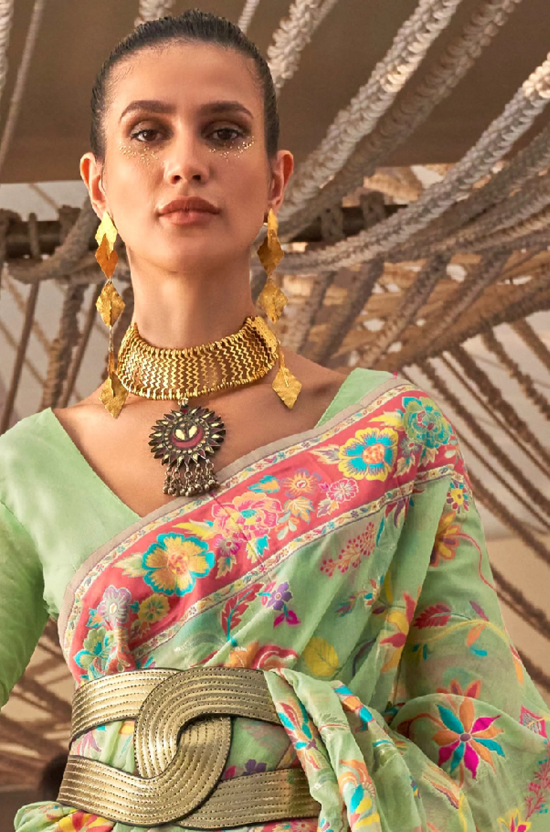 Pastel Green Floral Woven Silk Saree