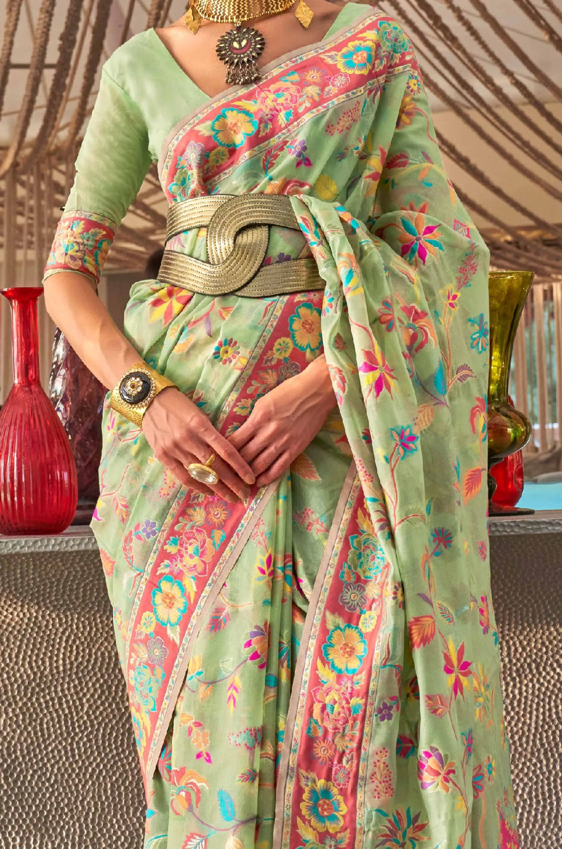 Pastel Green Floral Woven Silk Saree