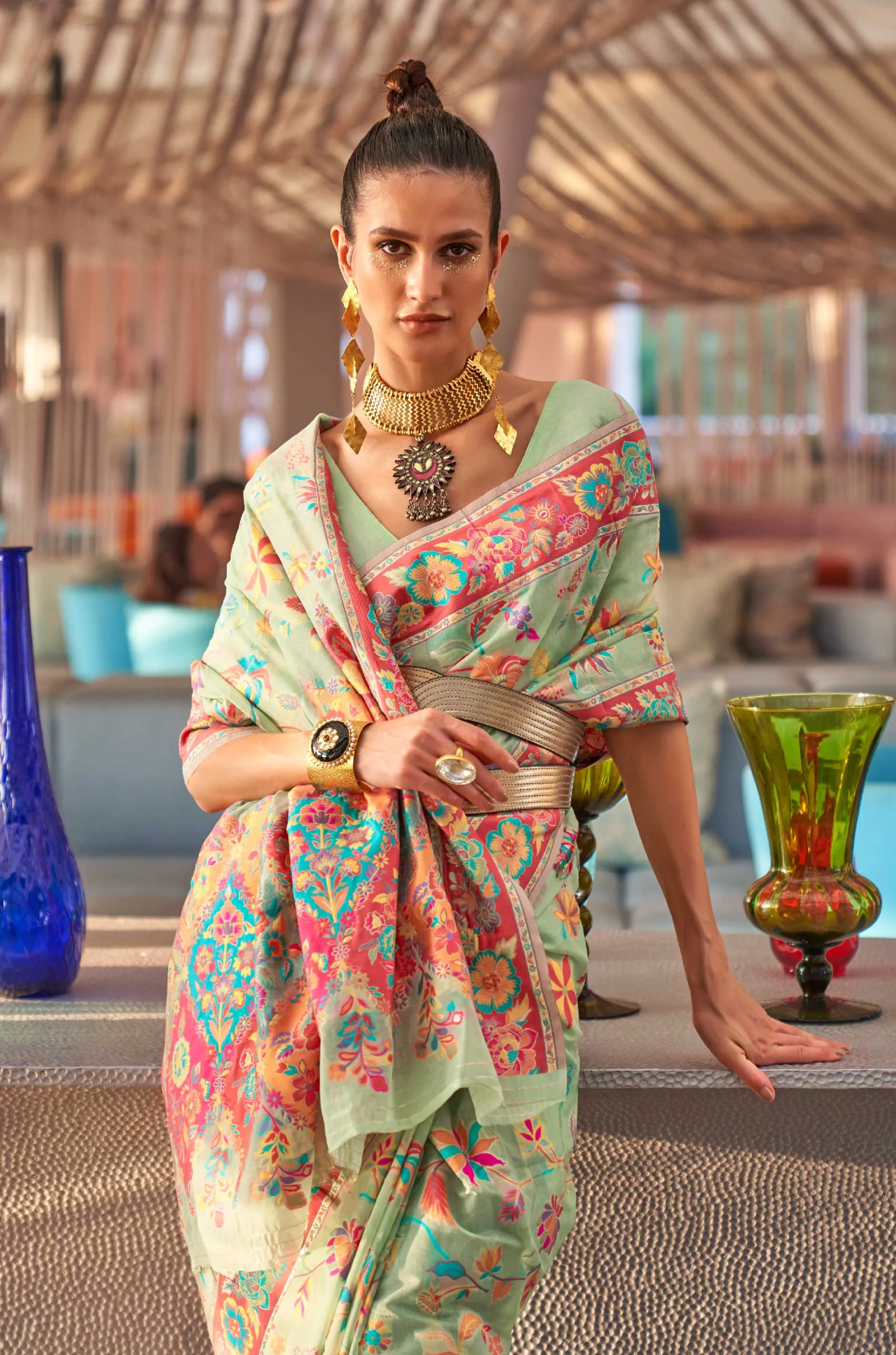 Pastel Green Floral Woven Silk Saree