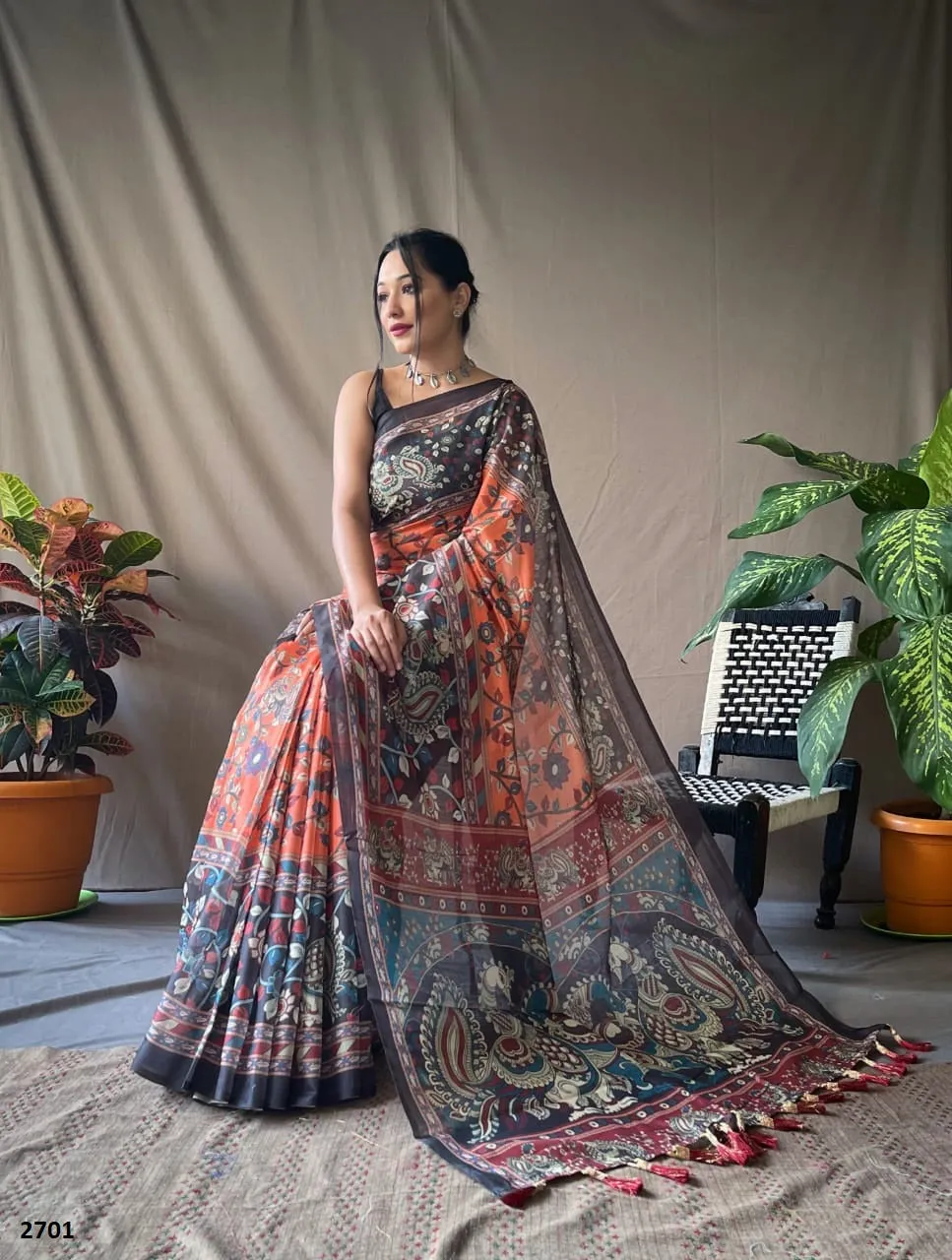 Peach Cotton Kalamkari Print Saree
