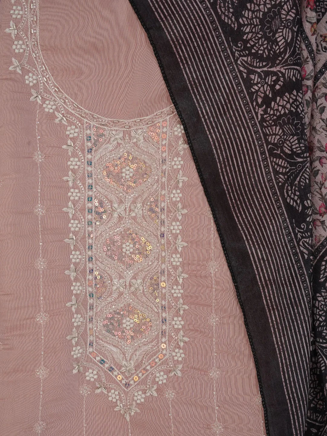 Peach Embellished Pure Silk Dress Material with Dupatta