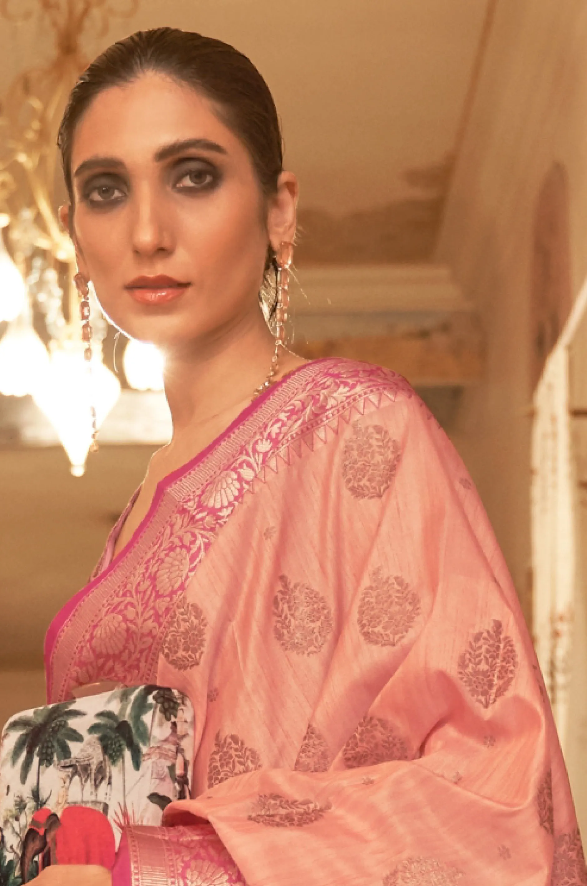 Peach Woven Tussar Silk Saree