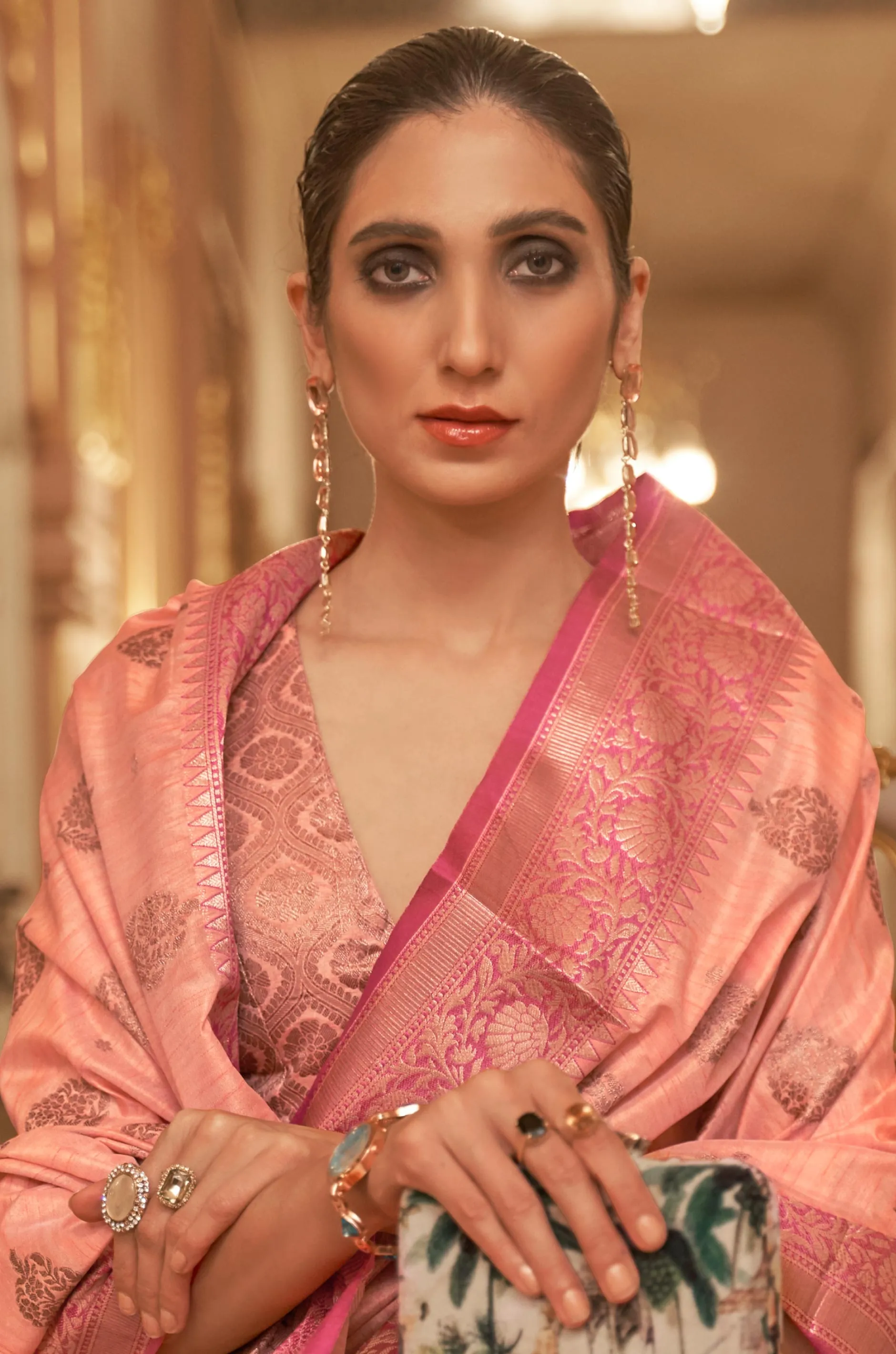 Peach Woven Tussar Silk Saree