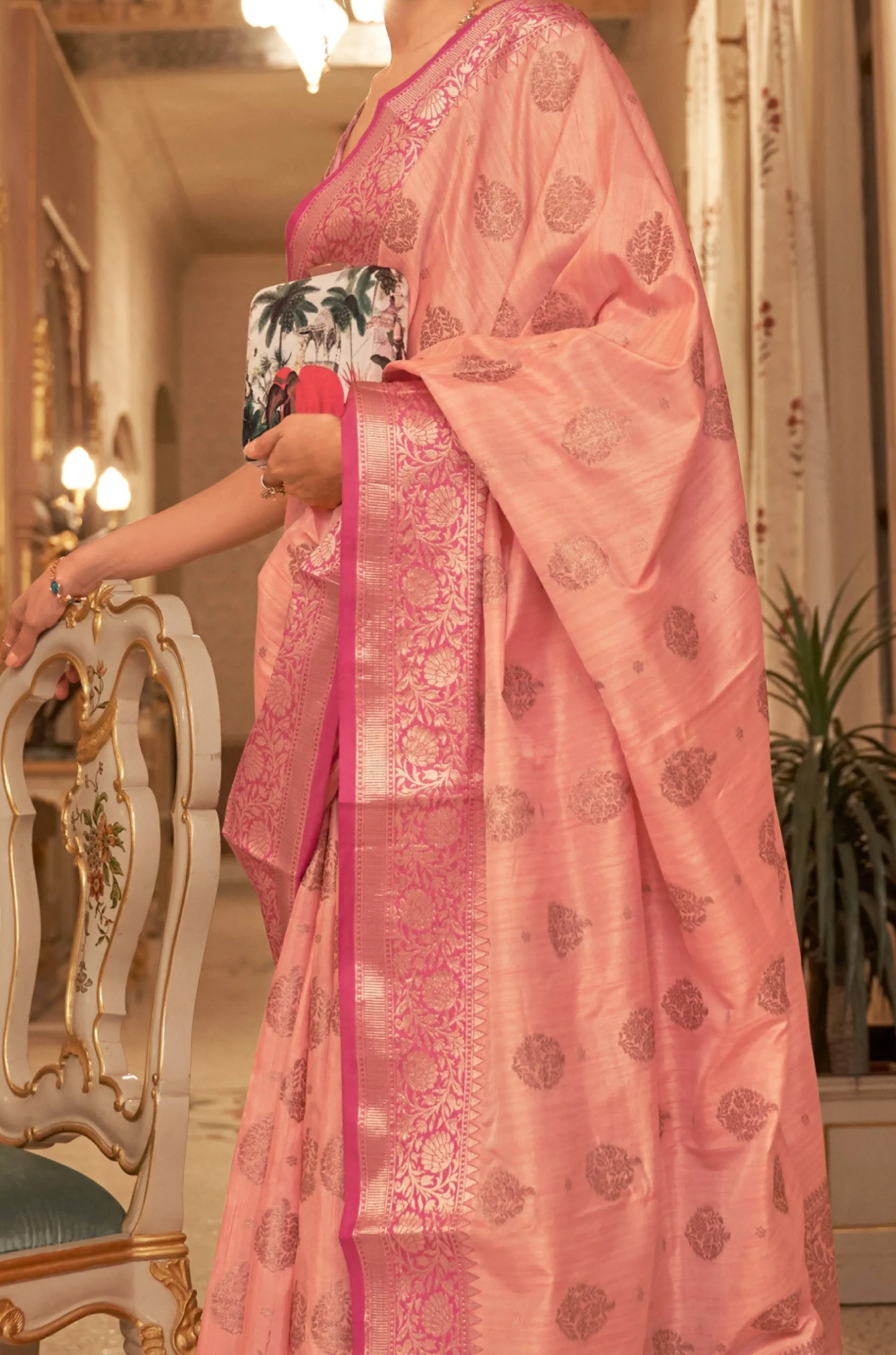 Peach Woven Tussar Silk Saree