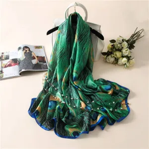 Peacock Feather Long Silk Scarf for Women