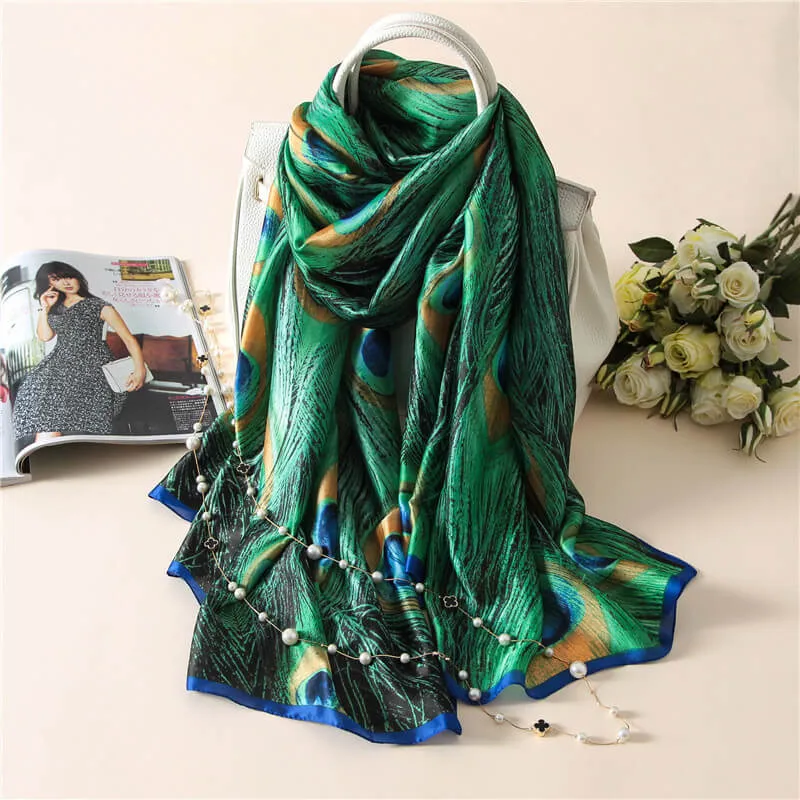 Peacock Feather Long Silk Scarf for Women