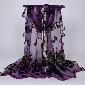 Peacock Floral Embellished Fine Gauze Chiffon Scarf - Deep Purple