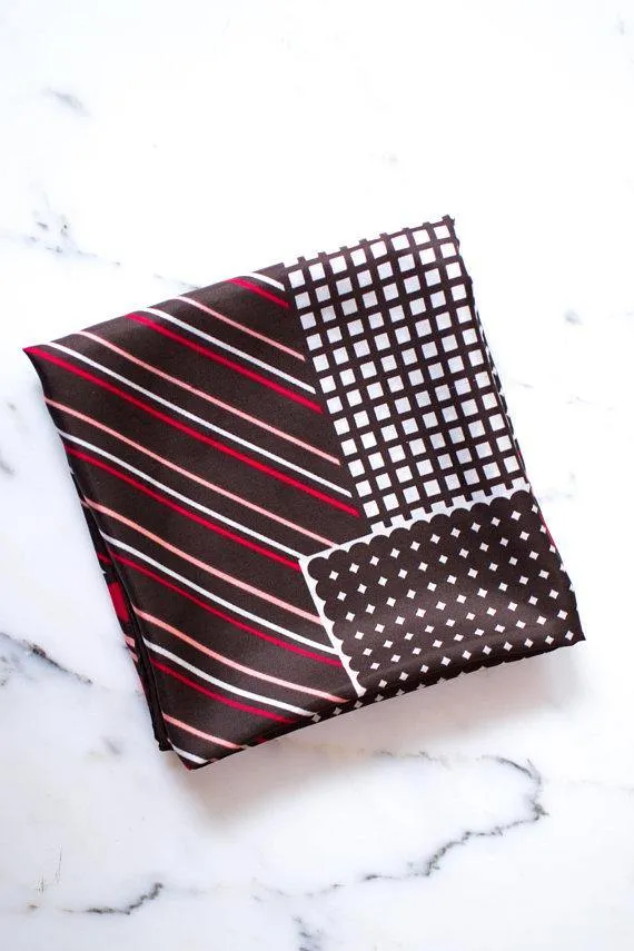 Pierre Cardin Silk Scarf, Geometric Design, Brown, White, Pink, and Red, Stripes and Squares