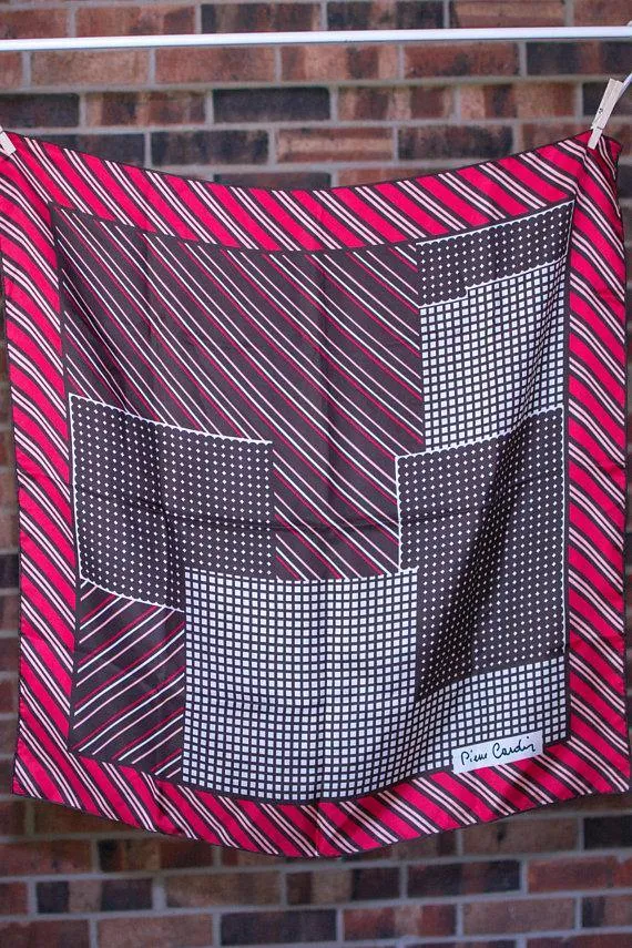 Pierre Cardin Silk Scarf, Geometric Design, Brown, White, Pink, and Red, Stripes and Squares