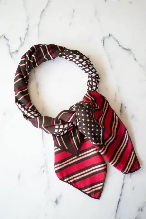Pierre Cardin Silk Scarf, Geometric Design, Brown, White, Pink, and Red, Stripes and Squares