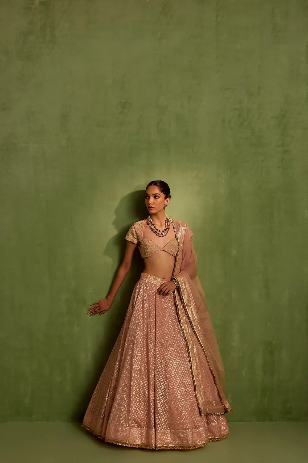 Pink Banarasi Chanderi Woven Geometric V-neck Jaal Lehenga Set