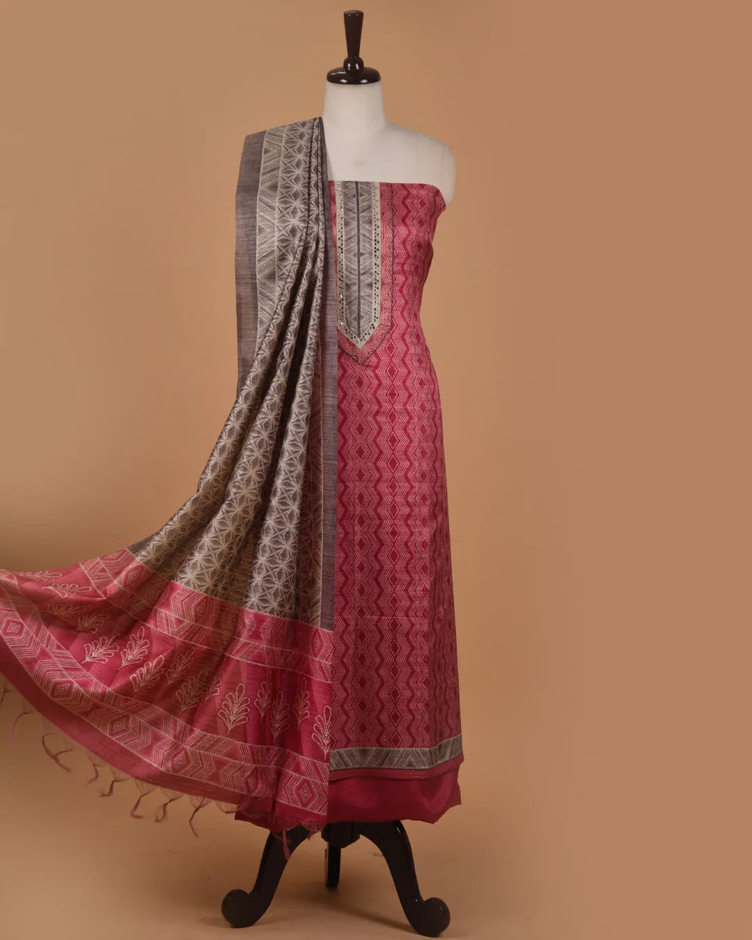 Pink Chanderi Silk Blend Printed With Embroidery Unstitched Suit Fabric Set With Chanderi Silk Blend Printed Dupatta