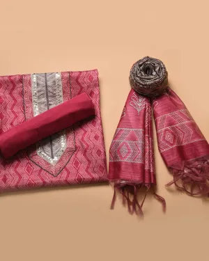 Pink Chanderi Silk Blend Printed With Embroidery Unstitched Suit Fabric Set With Chanderi Silk Blend Printed Dupatta